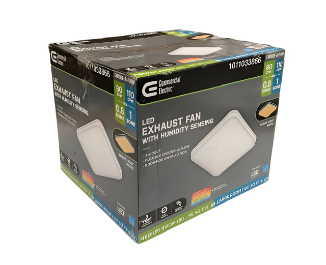 Commercial Electric 80 /110 CFM Ceiling Mount Room Side Installation Square Bathroom Exhaust Fan with Night Light and Humidity Sensor