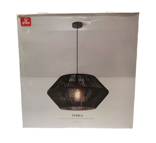 Globe Electric Terra 1-Light Matte Black Chandelier with Natural Twine Shade and Designer Black Cloth Hanging Cord