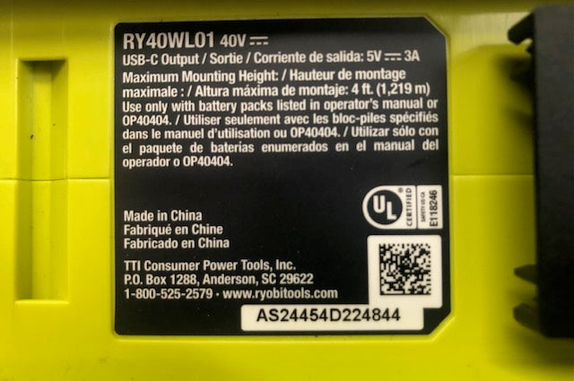 RYOBI 40V Cordless Battery Topper LED Work Light (Tool Only)