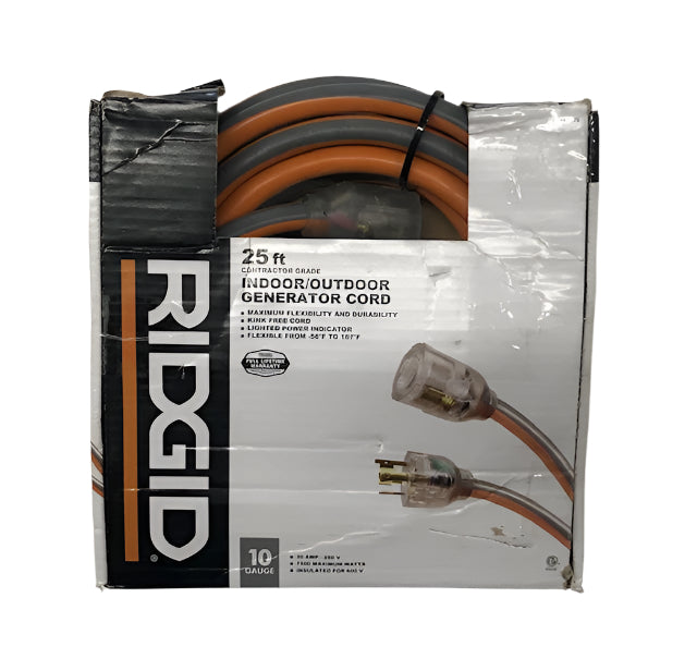 RIDGID 25 ft. 10/4 Heavy Duty Outdoor L14-30 Amp Generator Extension Cord with Lighted End, Orange/Grey