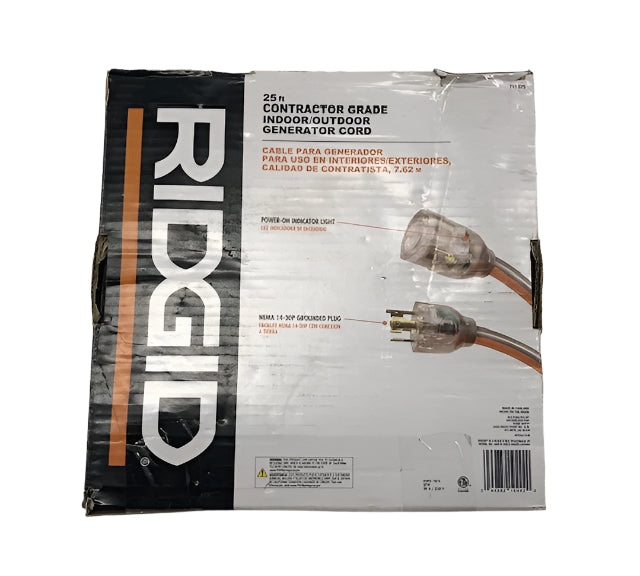 RIDGID 25 ft. 10/4 Heavy Duty Outdoor L14-30 Amp Generator Extension Cord with Lighted End, Orange/Grey