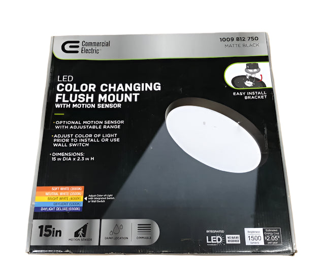 Commercial Electric 15 in. Matte Black Integrated LED Dimmable Selectable CCT Flush Mount Indoor Ceiling Light