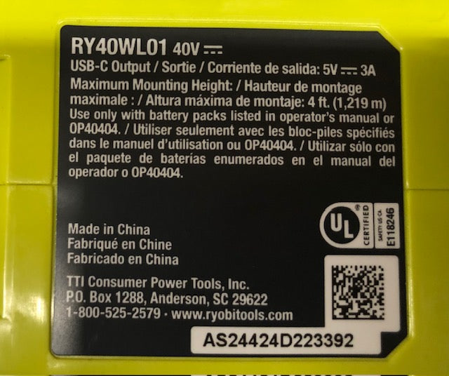 RYOBI 40V Cordless Battery Topper LED Work Light (Tool Only)