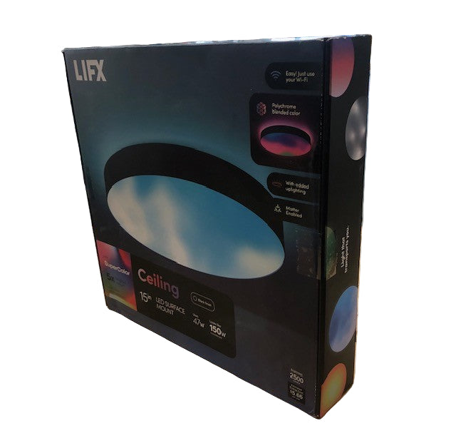 LIFX 15 in. Matte Black Indoor Selectable LED Flush Mount Multi-Color Smart WiFi Ceiling Light Works Alexa/Hey Google/HomeKit