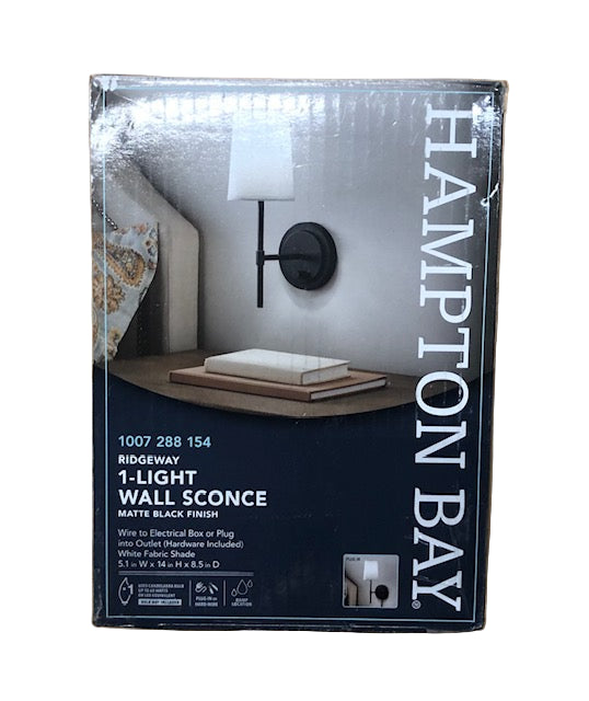 Hampton Bay Byrson 6 in. 1-Light Matte Black Wall Sconce Light with Plug-In/Hardwire White Fabric Shade for Indoor Use