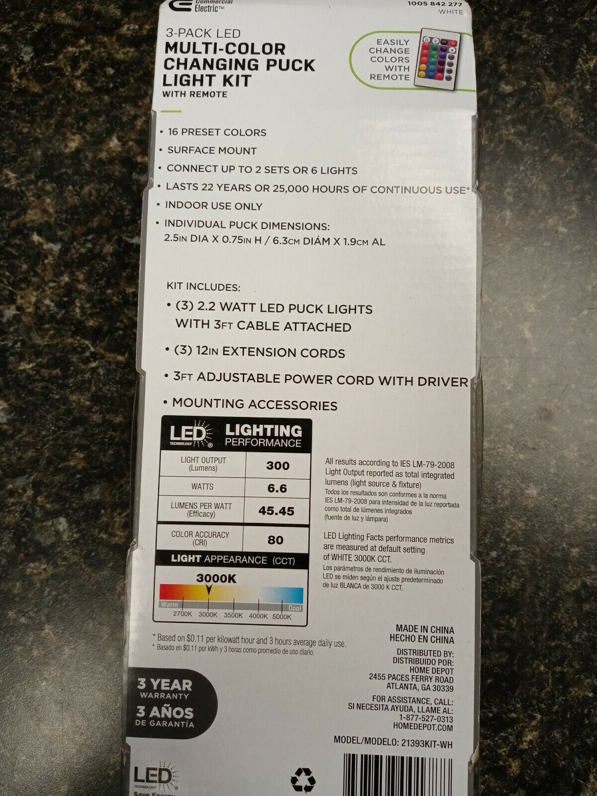 Commercial Electric Plug-in 3-Light LED RGBW Puck Light with Color Changing, White