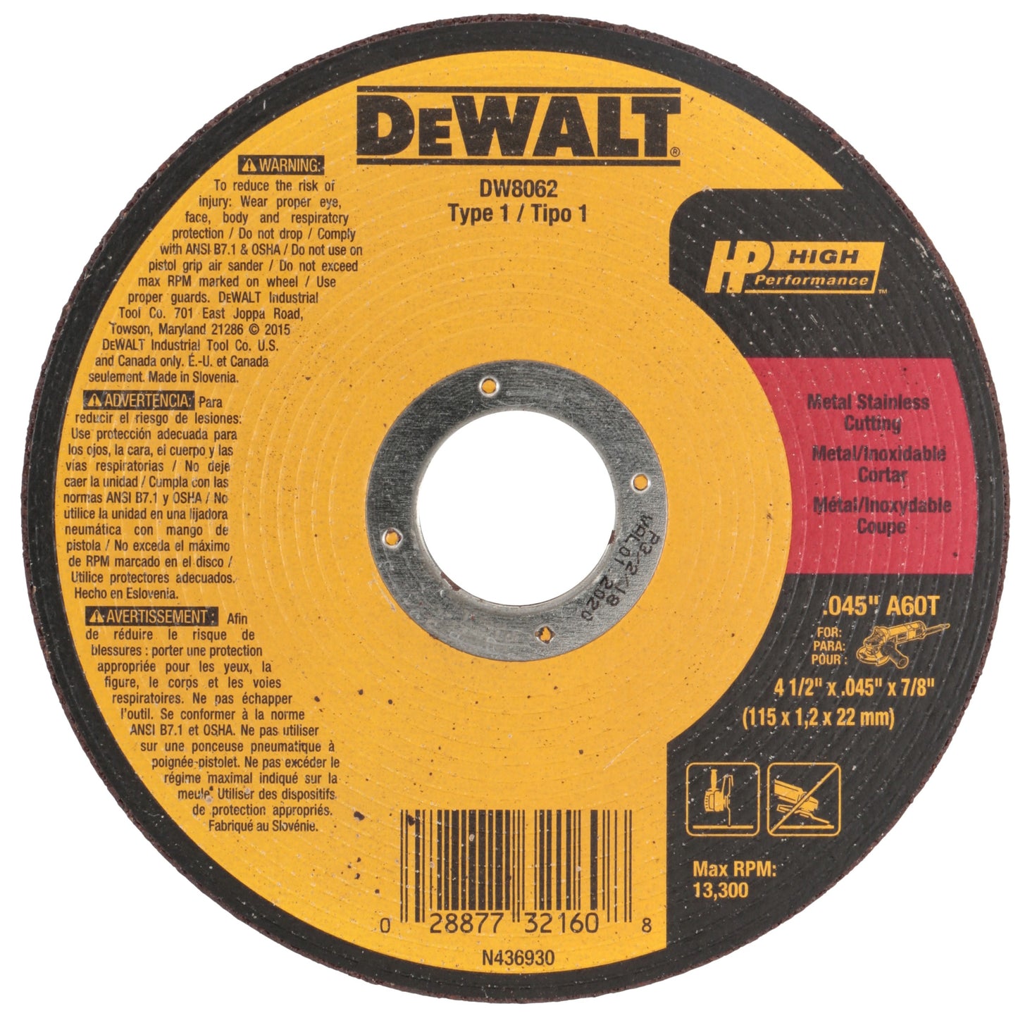DeWALT DW8062B5 - HP 5-Piece 4-1/2 Type 1 Metal Cut-Off Wheels (1/20 Thickness 7/8 Arbor Aluminum Oxide)