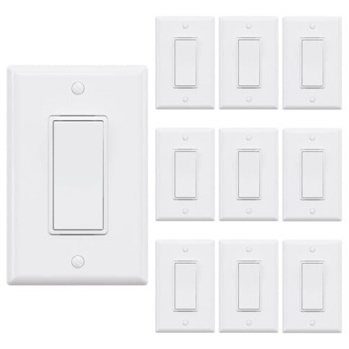 10-Pack ELEGRP Decorator Paddle Rocker Light Switch 15Amp 120/277V Single Pole with Midsize Nylon Wall Plate White (10 Pack)