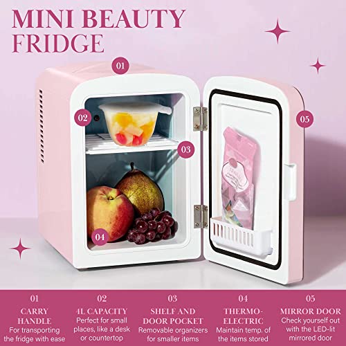 Paris Hilton Mini Refrigerator and Personal Beauty Fridge, Mirrored Door with Dimmable LED Light, Thermoelectric Cooling and Warming Function for All