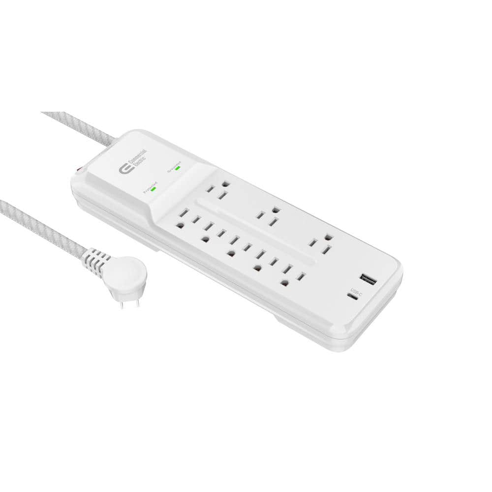 Commercial Electric 12 Ft. Braided Cord 8-Outlet Surge Protector with USB, White