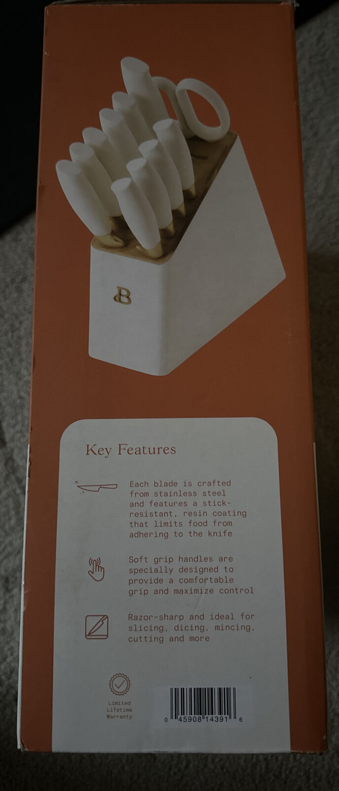 Beautiful 12 Piece Knife Block Set with Soft-Grip Ergonomic Handles White and Gold by Drew Barrymore