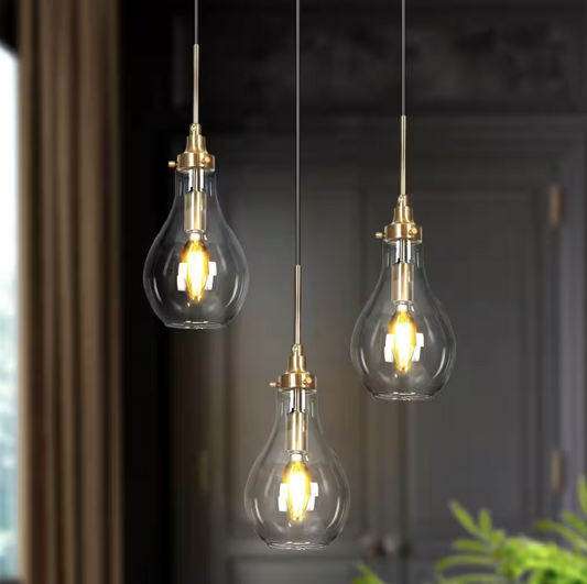 Uolfin Transitional Kitchen Island Cluster Pendant Light 3-Light Plating Brass Pendant Light with Teardrop Clear Glass Shades