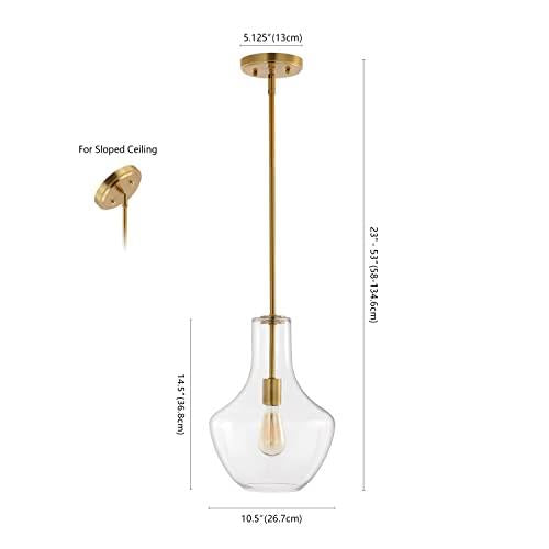 Watts 10.5 in. 1-Light Brass Gold/Clear Mid-Century Modern Iron/Glass LED Schoolhouse Pendant