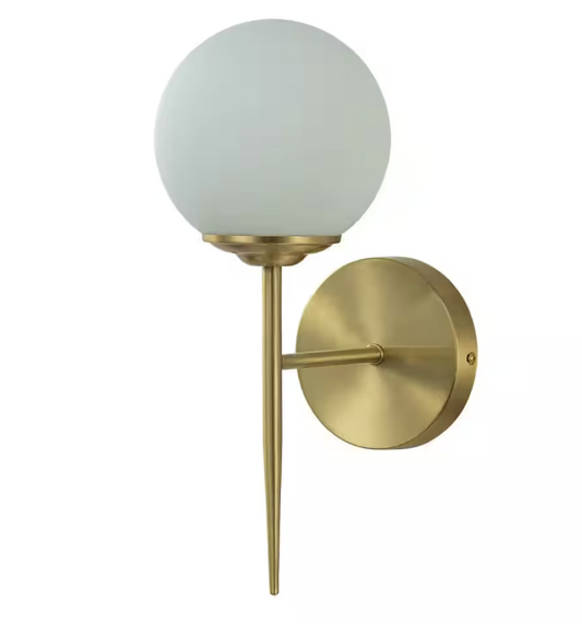 Nimbus 1-Light Cone-Shaped in Brushed Brass Gold Finish Bedroom Hallway Wall Sconce with Globe Milk Glass