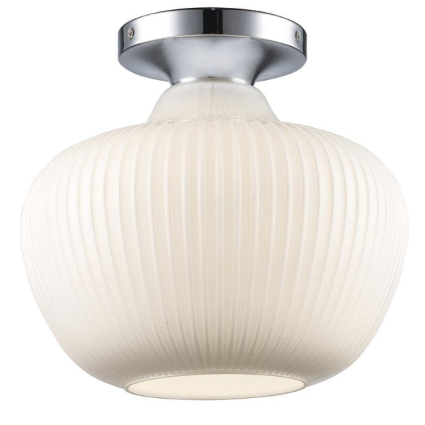 Pompton 12 in. 1-Light Chrome Semi-Flush Mount Ceiling Light Fixture with White Ribbed Glass