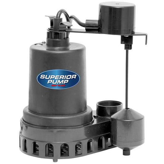 Superior Pump 92372 1/3 HP Thermoplastic Submersible Sump Pump with Vertical Float Switch  Black