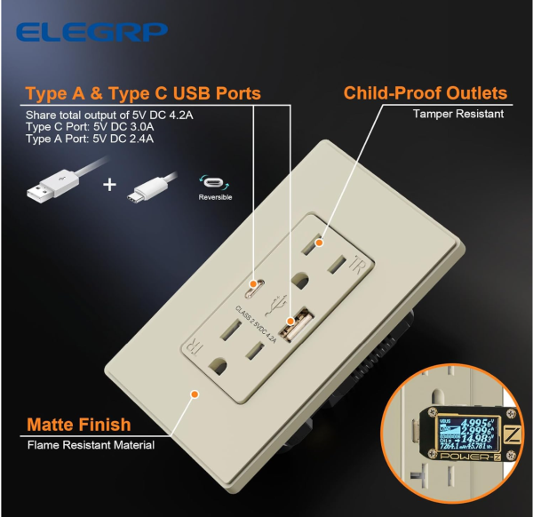 ELEGRP USB Charger Wall Outlet, USB Receptacle with USB A & USB C Ports, 15 Amp Duplex Tamper Resistant Receptacle Plug NEMA 5-15R, Wall Plate Included, UL Listed, 1 Pack, Matte Light Almond