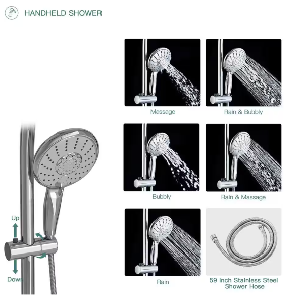 LORDEAR 5-Spray Dual Rain Shower Set Fixed & Handheld Shower Head Brushed Nickel