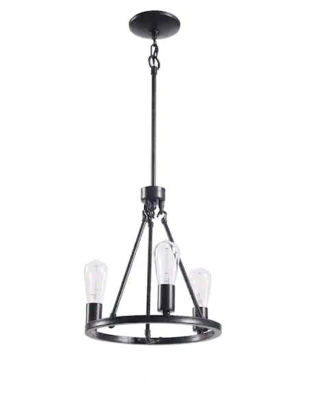 Stratton 3-Light 12.75 in. Small Industrial Black Wagon Wheel Hanging Chandelier Pendant Light