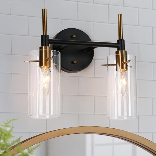 Modern 2-Light Brass Gold Bathroom Vanity Light, Black Vanity Light with Open Cylinder Clear Glass Shades Wall Light