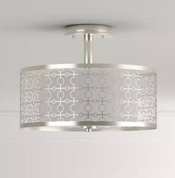 Hampton Bay Toberon 14 in. 1-Light Brushed Nickel LED Semi-Flush Mount with Etched Parchment Glass Shade