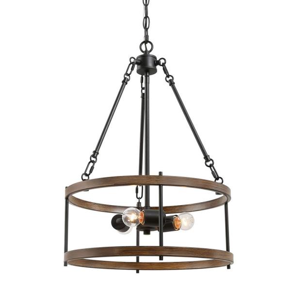 LNC Brown Drum Chandelier 3-Light Cage Black Pendant Farmhouse Chandelier for Foyer with Faux Wood Accents