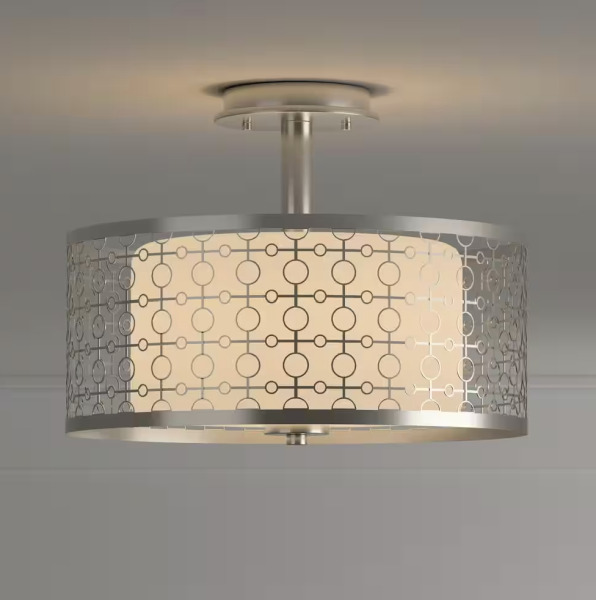 Hampton Bay Toberon 14 in. 1-Light Brushed Nickel LED Semi-Flush Mount with Etched Parchment Glass Shade