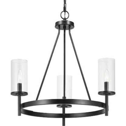 Progress Lighting Strahan 3-Light Black Transitional Clear Glass Shaded Incandescent Chandelier