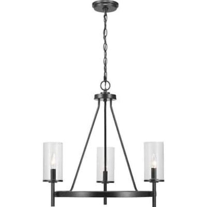 Progress Lighting Strahan 3-Light Black Transitional Clear Glass Shaded Incandescent Chandelier