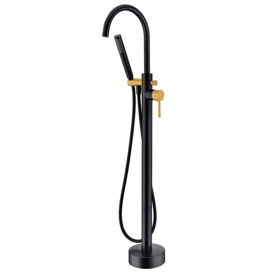 1-Handle Freestanding Floor Mount Tub Faucet Bathtub Filler with Hand Shower in Matte Black and Gold