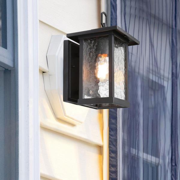 Modern Black Outdoor Wall Sconce, Farmhouse Lantern Coach Light with Waterglass Shade, 1-Light Porch Patio Deck Lighting