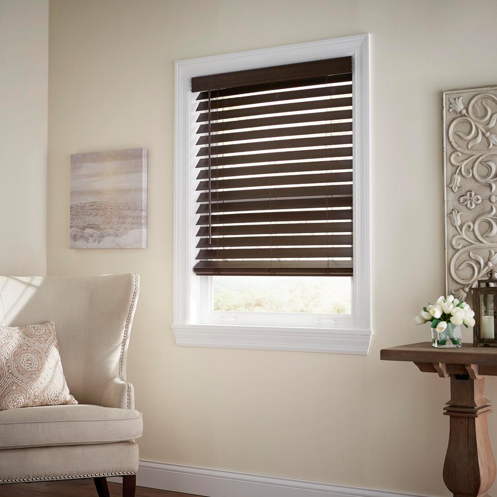 Home Decorators Collection Espresso Cordless Premium Faux Wood Blinds with 2.5 in. Slats - 34 in. W X 64 in. L (Actual Size 33.5 in. W X 64 in. L), Br