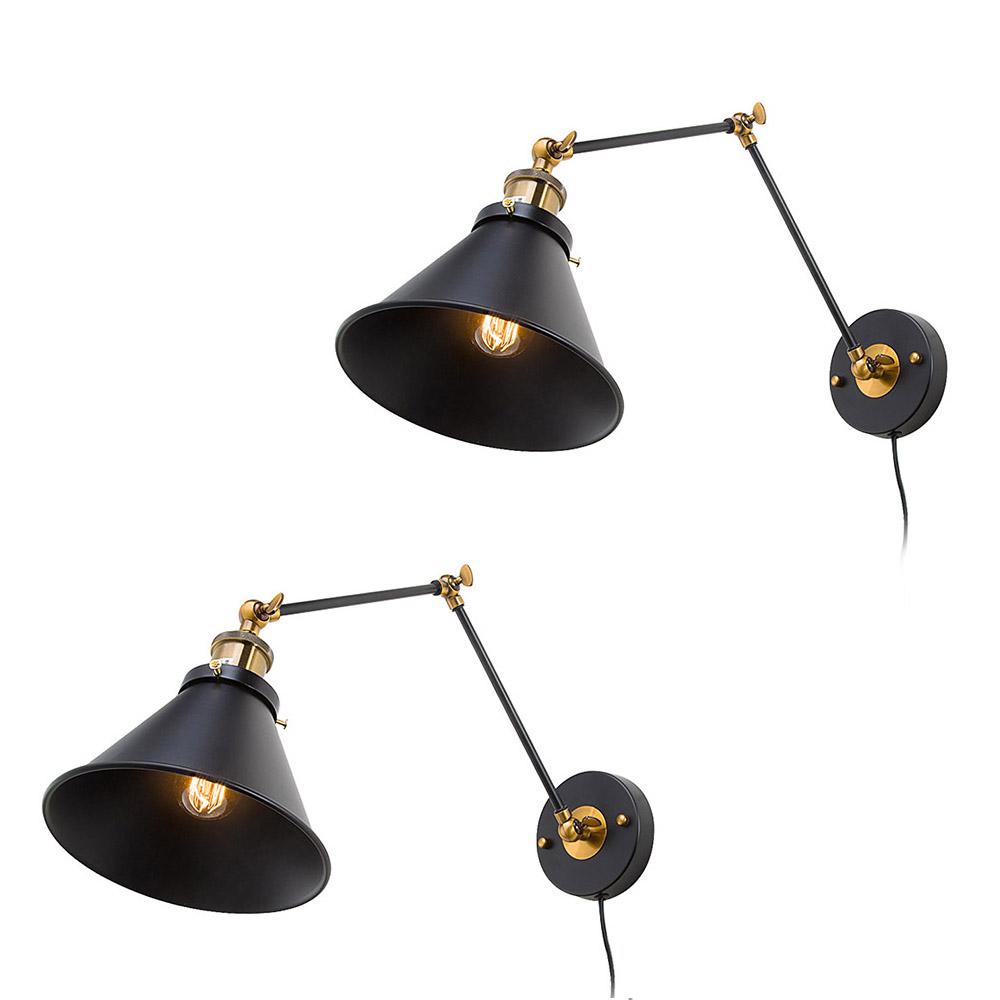 LNC Black Swing Arm Wall Lamp Modern 1-Light Hardwired/Plug in Wall Sconce Desk Lamp Wall Lights for Bedroom (2-Pack)