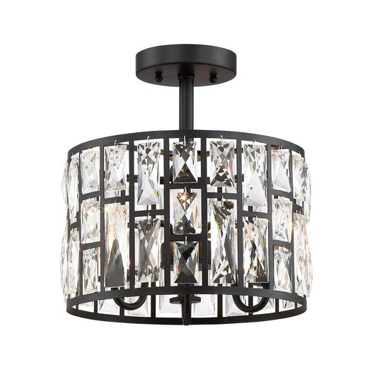 Kristella 12.5 in. 3-Light Matte Black Semi Flush Mount Light with Clear Crystal Shade