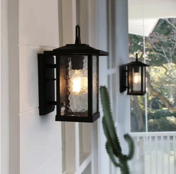 Modern Black Outdoor Wall Sconce, Farmhouse Lantern Coach Light with Waterglass Shade, 1-Light Porch Patio Deck Lighting