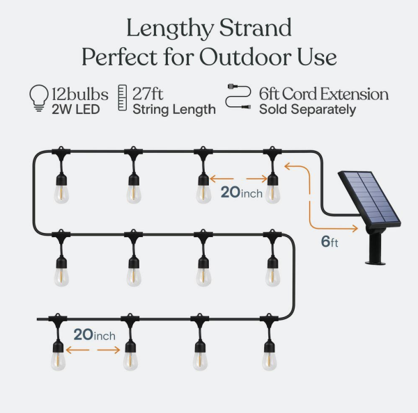 Brightech Ambience Pro 12-Light 27 ft. Outdoor Solar 2W 2700k LED S14 Hanging Edison Bulb String-Light