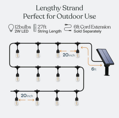 Brightech Ambience Pro 12-Light 27 ft. Outdoor Solar 2W 2700k LED S14 Hanging Edison Bulb String-Light