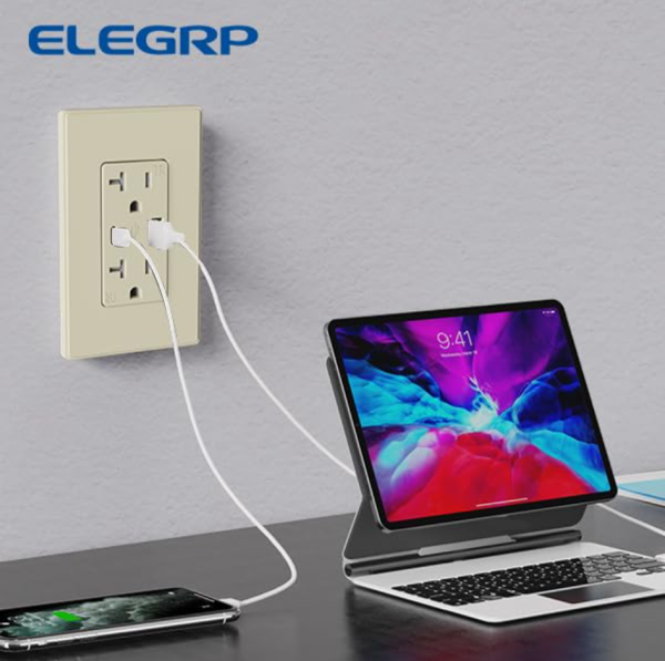 ELEGRP USB Charger Wall Outlet, USB Receptacle with USB A & USB C Ports, 15 Amp Duplex Tamper Resistant Receptacle Plug NEMA 5-15R, Wall Plate Included, UL Listed, 1 Pack, Matte Light Almond