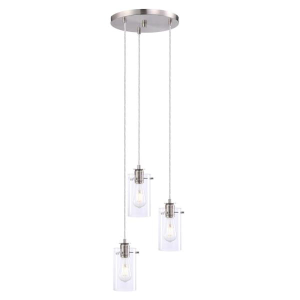 Hampton Bay Regan 3-Light Brushed Nickel Pendant Hanging Light with Clear Glass Shades, Industrial Kitchen Pendant Lighting