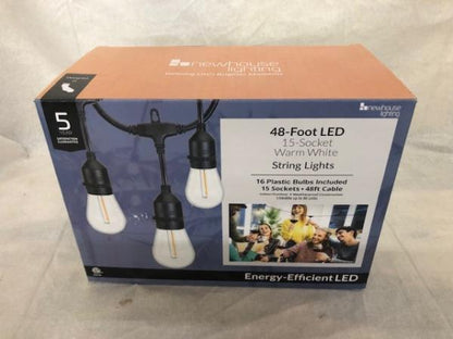 Outdoor 48 Ft. Plug-in S14 Edison Bulb Weatherproof String Light with 16 Edison LED Light Bulbs, 2700K, Black