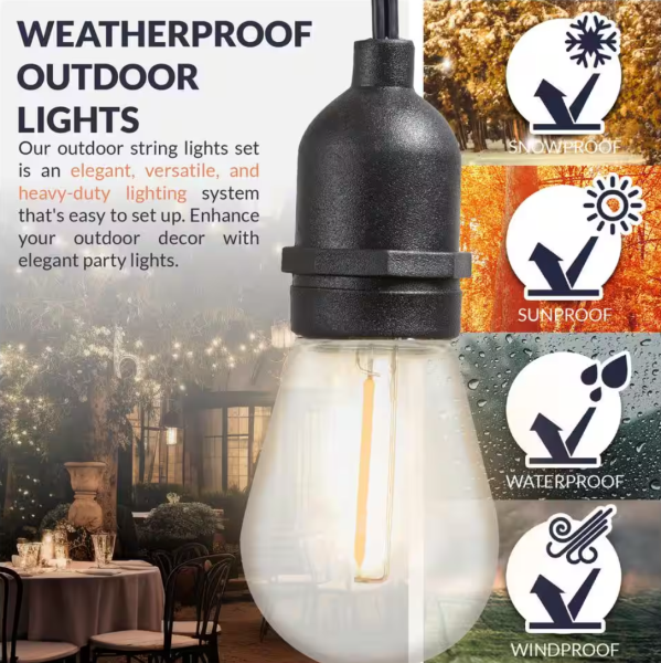 Outdoor 48 Ft. Plug-in S14 Edison Bulb Weatherproof String Light with 16 Edison LED Light Bulbs, 2700K, Black