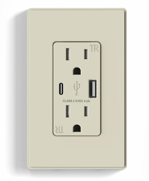 ELEGRP USB Charger Wall Outlet, USB Receptacle with USB A & USB C Ports, 15 Amp Duplex Tamper Resistant Receptacle Plug NEMA 5-15R, Wall Plate Included, UL Listed, 1 Pack, Matte Light Almond