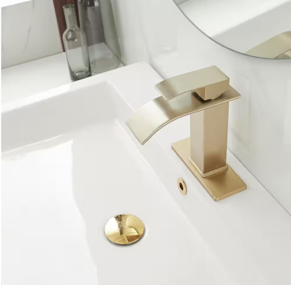 Waterfall Single Handle Single Hole Low-Arc Bathroom Faucet Bathroom Drip-Free Vanity Sink Faucet in Brushed Gold