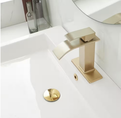 BWE Waterfall Single Handle Single Hole Low-Arc Bathroom Faucet Bathroom Drip-Free Vanity Sink Faucet in Brushed Gold