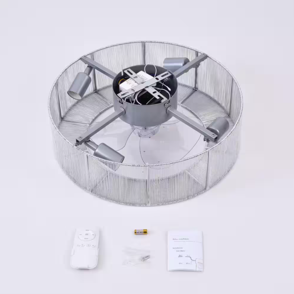 18 in. Indoor Silver Grey Ceiling Fan w/ Remote Control Caged Invisible 3-Blade Flush Mount Quiet 4-Light