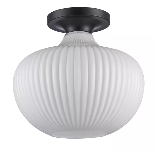 Bel Air Lighting Aristo 12 in. 1-Light Black Semi-Flush Mount Ceiling Light Fixture with White Ribbed Glass Shade