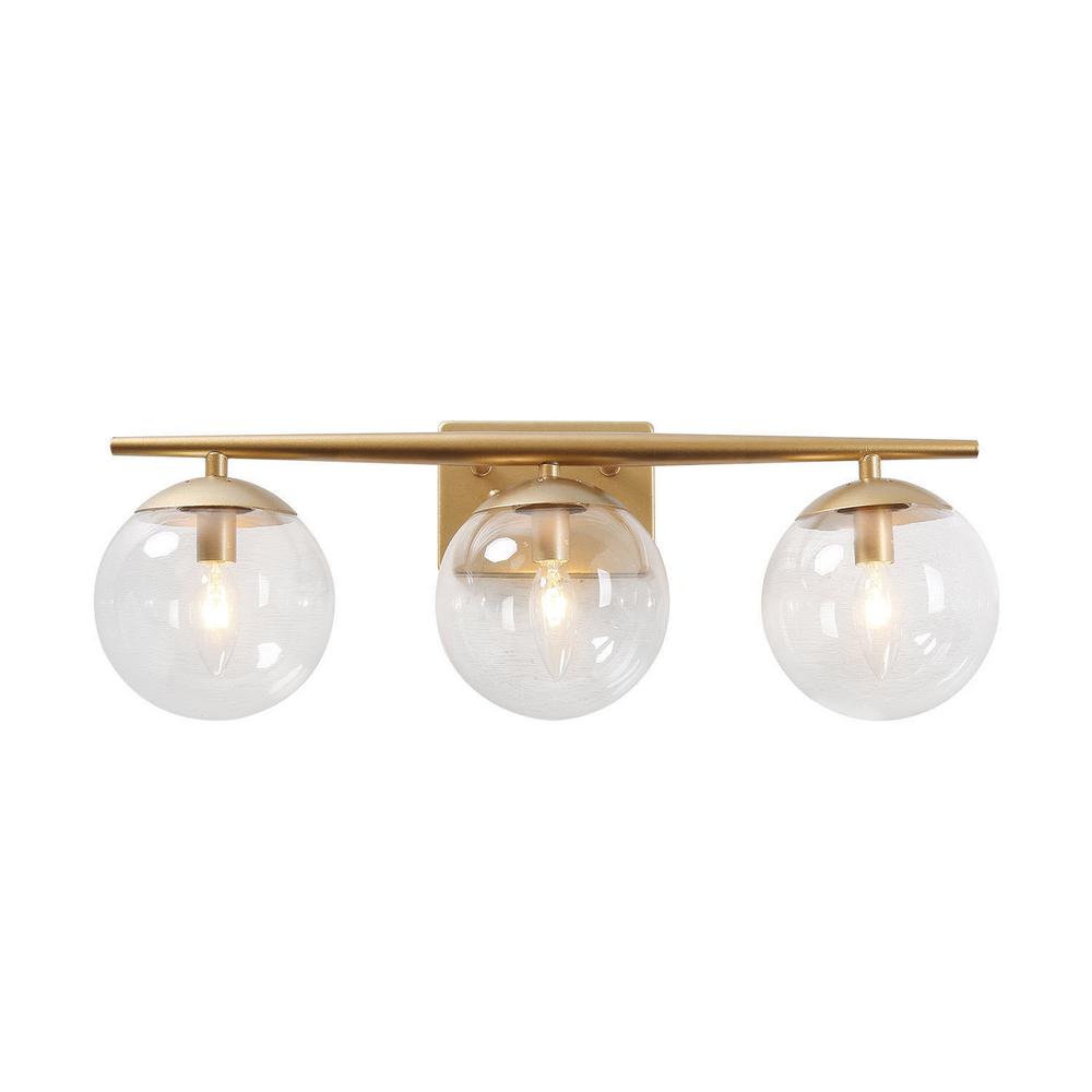 Uolfin Modern Gold Bathroom Vanity Light, 3-Light Farmhouse Brass Wall Sconce with Clear Globe Glass Shades