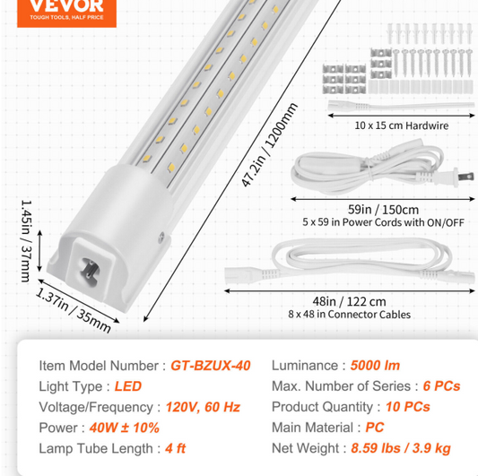 10 PACK LED Ceiling Light 4 Ft. 40- Watt Equivalent Integrated LED Shop Light 6500 LM with on/OFF Switch for Home 10-Pack,White