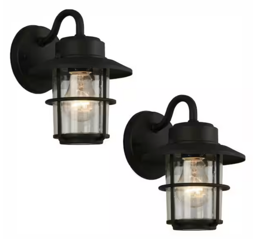 Hampton Bay 8.2 in. 1-Light Black Outdoor Wall Light Lantern Sconce (2-Pack)