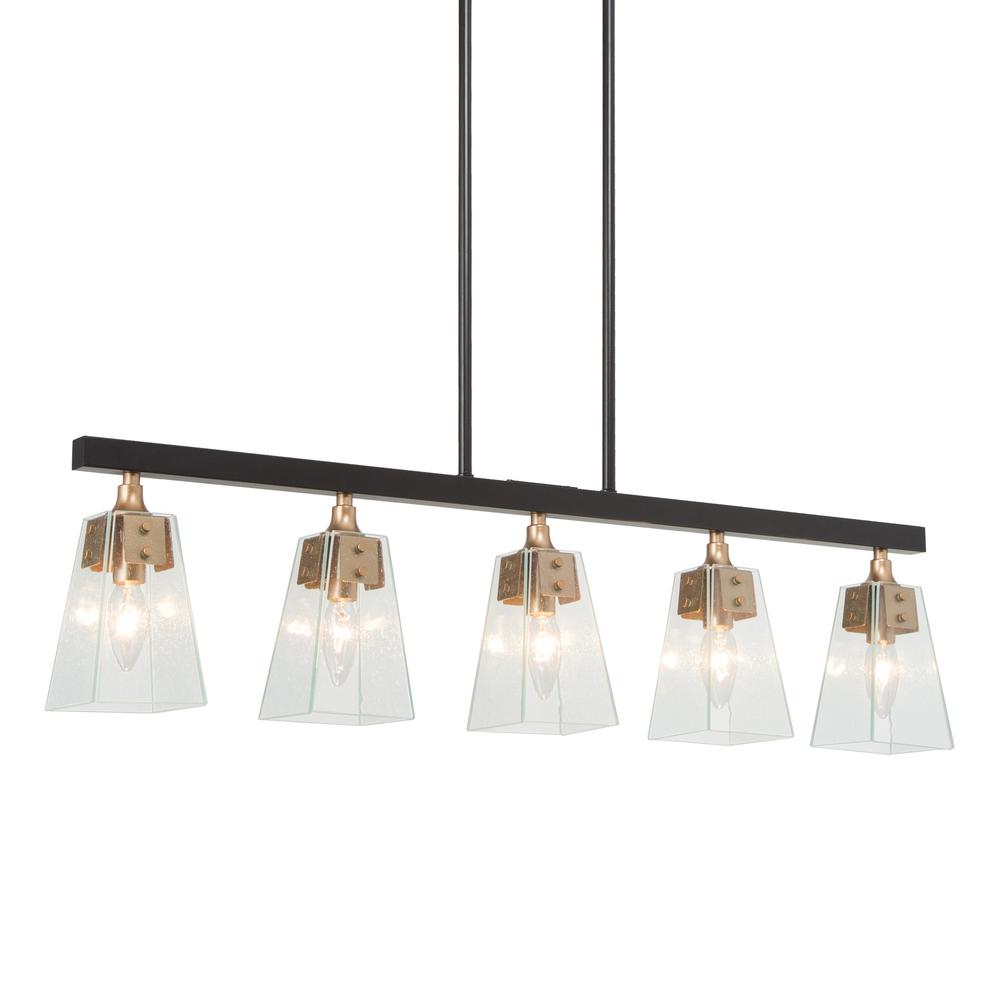 Uolfin Modern Farmhouse Gold Chandelier, 34 in. 5-Light Black Kitchen Island Chandelier with Seeded Glass for Dining Room